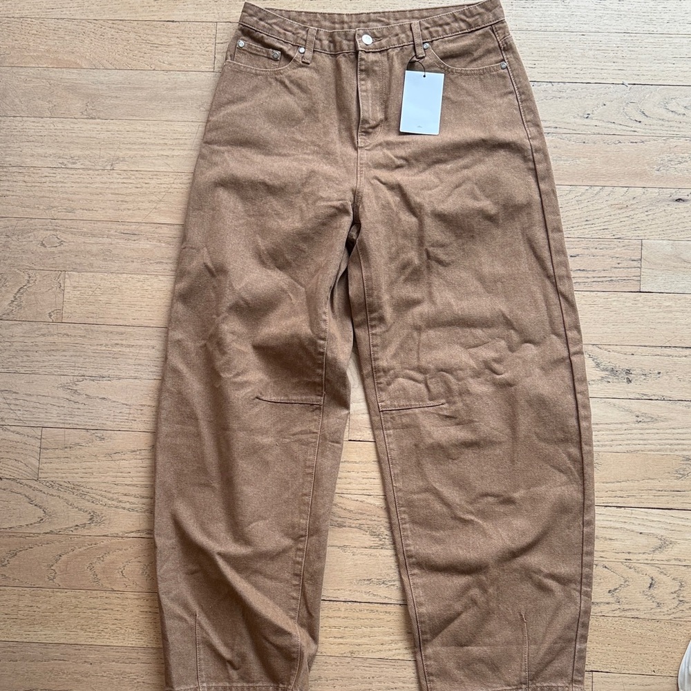 NWT! Dark tan barrel leg jeans. Heavy material.